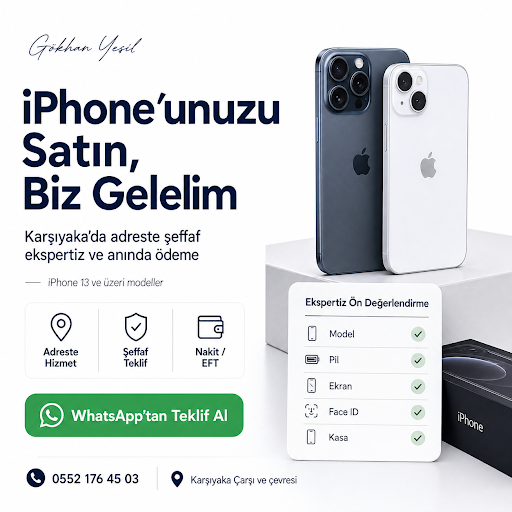 Karşıyaka Çarşı ve çevresinde iPhone 13 ve üzeri modeller için adreste cihaz alım hizmeti sunuyoruz. Cihazınız şeffaf şekilde değerlendirilir, anlaşma sağlandığında ödeme nakit veya EFT ile tamamlanır.