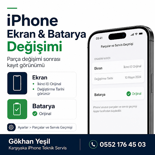 iPhone ekran veya batarya değişimi sonrası cihazınızda parça ve servis bilgilerini kontrol edebilirsiniz.