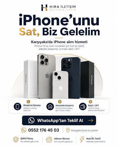 Karşıyaka’da iPhone satmak isteyenler için adreste cihaz alım hizmeti sunuyoruz. iPhone 13 ve üzeri modellerde cihaz bilgilerinizi iletin, ön değerlendirme sonrası uygun görülürse adresinizde ekspertiz ve ödeme işlemini tamamlayalım.